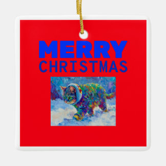 Cat in Snow Wearing Ear Muffs Ceramic Ornament