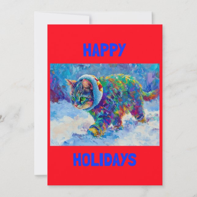 Cat in Snow Wearing Ear Muffs Holiday Card (Front)