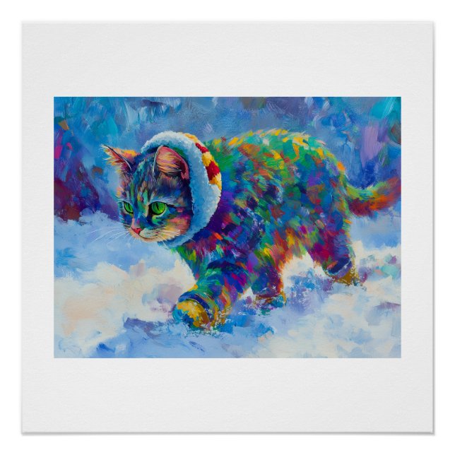 Cat in Snow Wearing Ear Muffs Poster (Front)