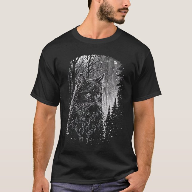 Cat in Snowy Forest T-Shirt (Front)