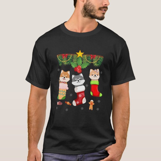 Cat In Sock Santa Christmas Pajamas Lights Funny H T-Shirt (Front)