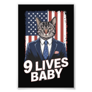 Cat in Suite with Trump Hair American Flag 9 Lives Photo Print