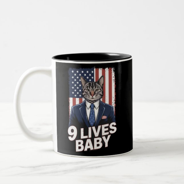 Cat in Suite with Trump Hair American Flag 9 Lives Two-Tone Coffee Mug (Left)