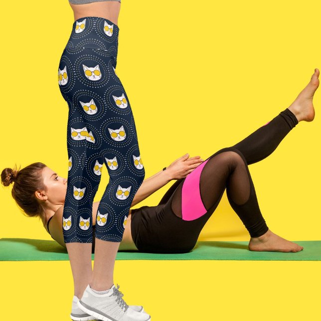 Cat In Sun Glasses And Dot On White Yellow Navy Capri Leggings (Creator Uploaded)