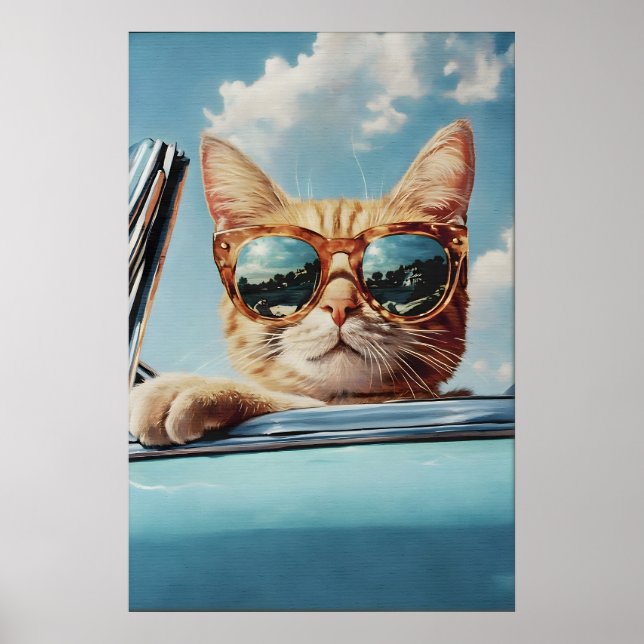 Cat in Sunglasses Art Poster Funny Feline Wall (Front)