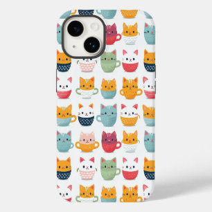 Cat in Tea Coffee Cups Cute Colourful Pattern iPhone 14 Case