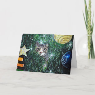 Cat in the Christmas Tree Painting Card