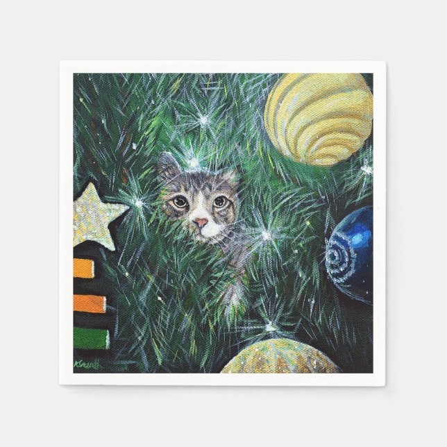 Cat in the Christmas Tree Painting Napkin (Front)