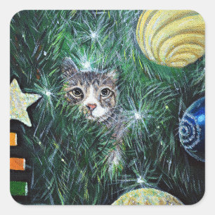 Cat in the Christmas Tree Painting Square Sticker