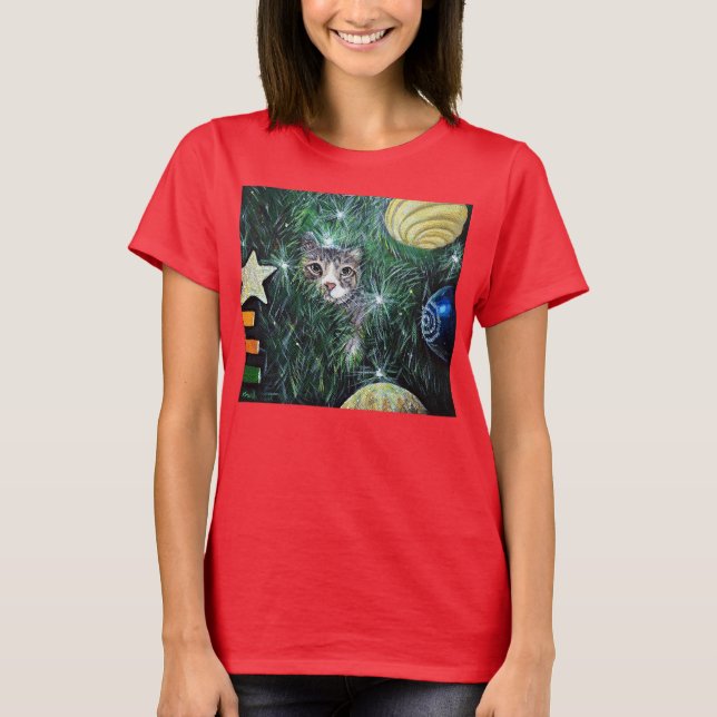 Cat in the Christmas Tree Painting T-Shirt (Front)
