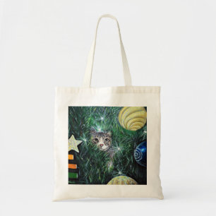 Cat in the Christmas Tree Painting Tote Bag