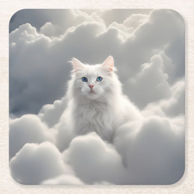 Cat in the clouds square paper coaster (Front)