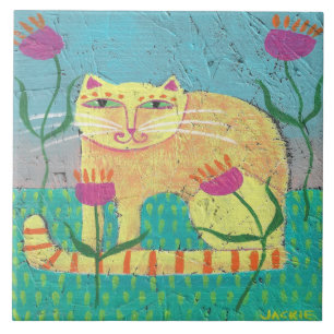 Cat in the Garden Abstract Painting Tile