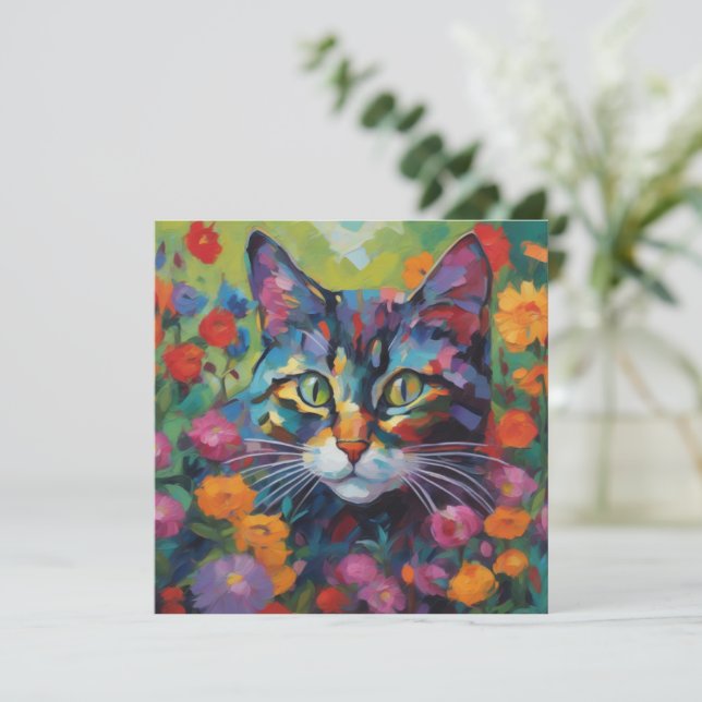 Cat In the Garden Flat Greetings Card (Standing Front)