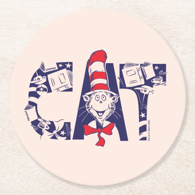 Cat In the Hat | Cat Face Text Round Paper Coaster (Front)