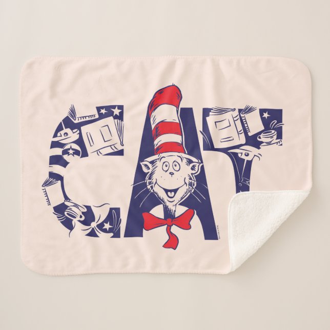 Cat In the Hat | Cat Face Text Sherpa Blanket (Front (Horizontal))