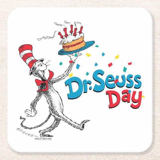 Cat in the Hat | Dr. Seuss Day Square Paper Coaster (Front)