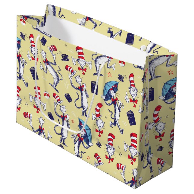 Cat In The Hat | Yellow Pattern Large Gift Bag (Front Angled)