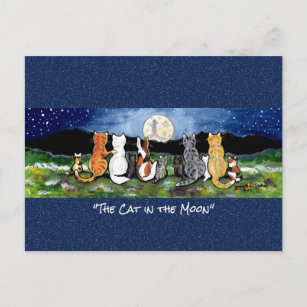 Cat in the Moon Whimsical Watercolor Art Postcard