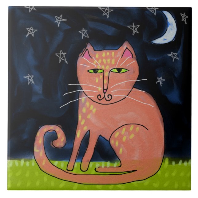 Cat in the Moonlight Abstract Painting Tile (Front)