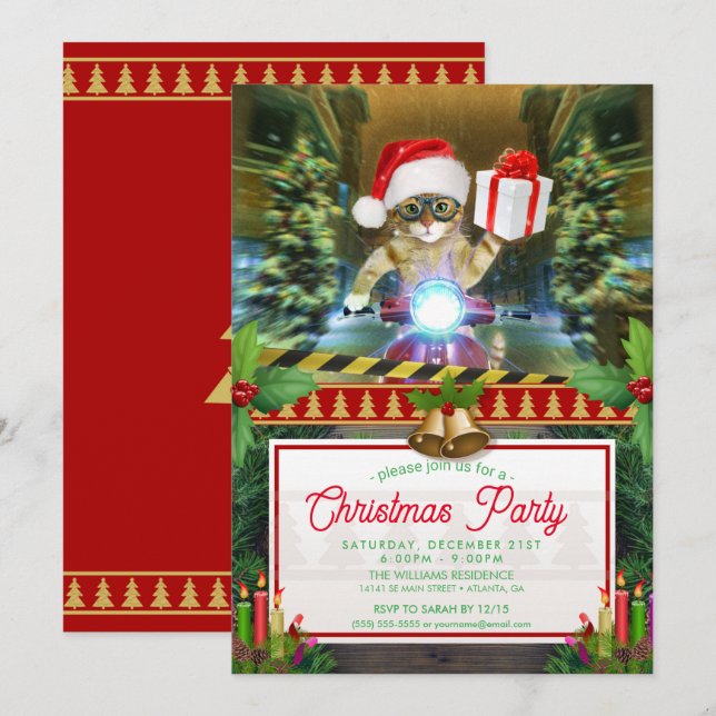 Cat in the Santa Claus hat delivers Christmas gift Invitation (Front/Back)