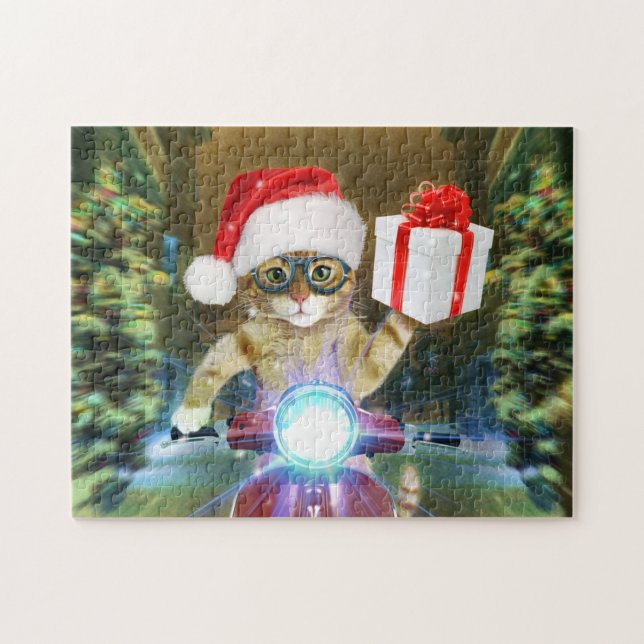 Cat in the Santa Claus hat delivers Christmas gift Jigsaw Puzzle (Horizontal)