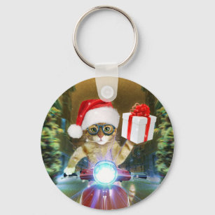 Cat in the Santa Claus hat delivers Christmas gift Key Ring
