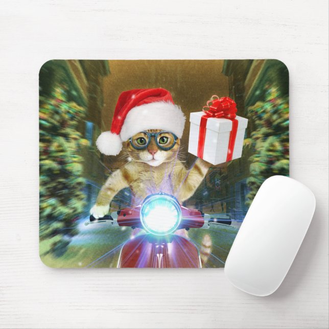 Cat in the Santa Claus hat delivers Christmas gift Mouse Mat (With Mouse)