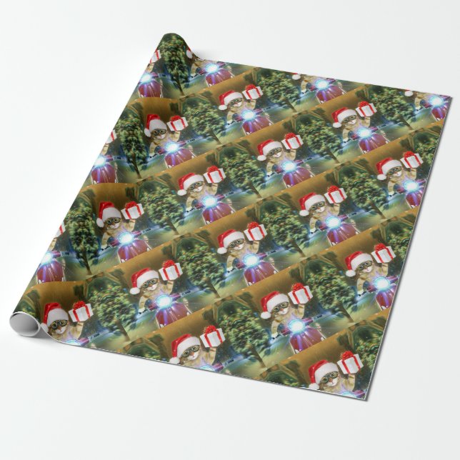 Cat in the Santa Claus hat delivers Christmas gift Wrapping Paper (Unrolled)