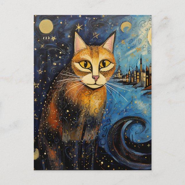 Cat in the Starry Night City Postcard (Front)