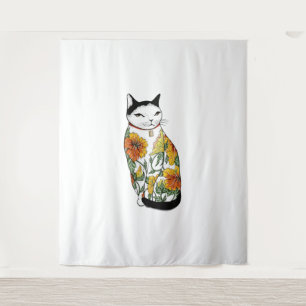 Cat In Tiger Flower Tattoo Tapestry