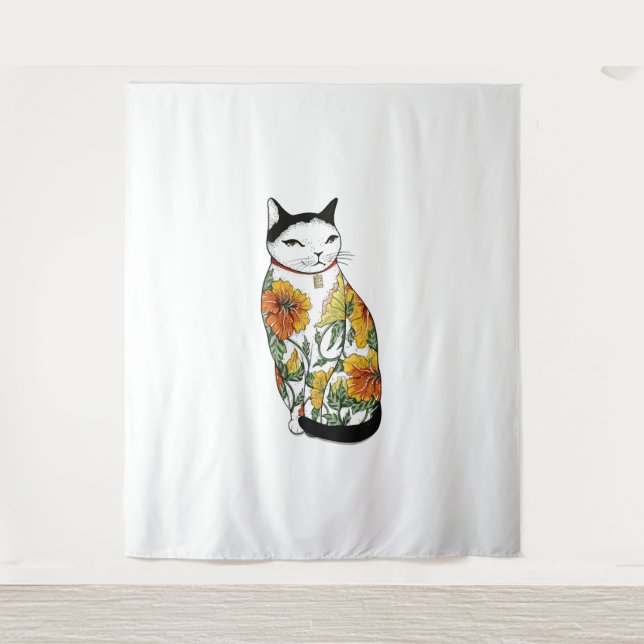 Cat In Tiger Flower Tattoo Tapestry (Front)