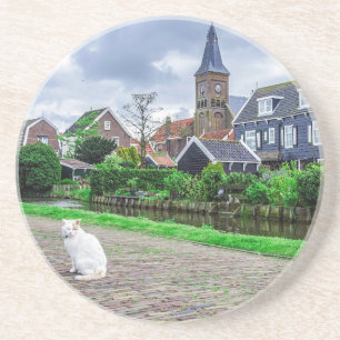 Cat in traditional fishing village coaster