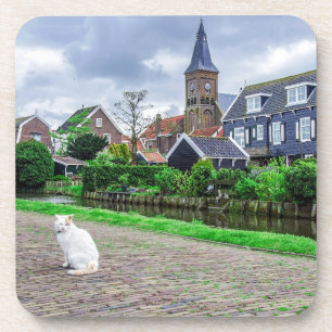 Cat in traditional fishing village coaster