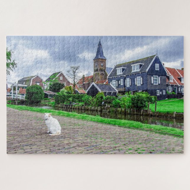 Cat in traditional fishing village jigsaw puzzle (Horizontal)
