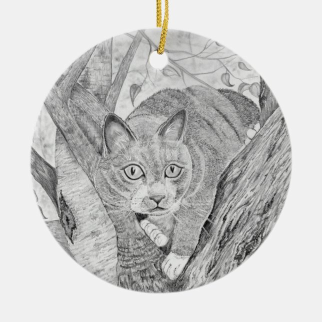Cat in Tree Ceramic Tree Decoration (Front)