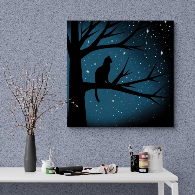 Cat In Tree on a Winter's Starry Night Canvas Print (Creator Uploaded)