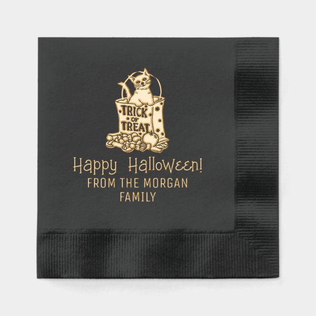 Cat in Trick Treat Bag Happy Halloween Wishes Name Foil Napkins (Front)