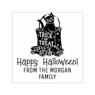 Cat in Trick Treat Bag Happy Halloween Wishes Name Self-inking Stamp