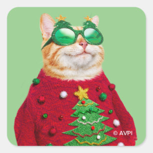 Cat in Ugly Christmas Sweater Square Sticker