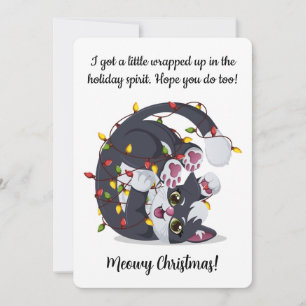 Cat in Weird Pose Wrapped Up in Christmas Lights Holiday Card