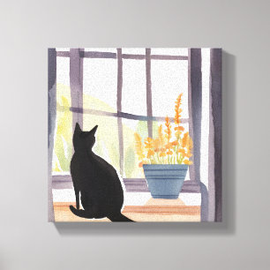 Cat in Windowsill   Silhouette Watercolor  Canvas Print