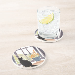 Cat in Windowsill Silhouette Watercolor Coaster