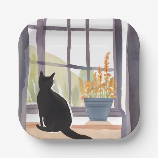 Cat in Windowsill | Silhouette Watercolor  Paper Plate (Front)