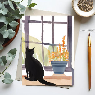 Cat in Windowsill   Silhouette Watercolor  Postcard