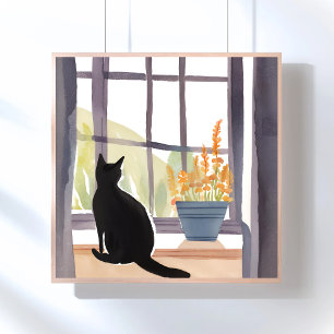 Cat in Windowsill   Silhouette Watercolor  Poster