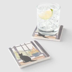 Cat in Windowsill   Silhouette Watercolor  Stone Coaster