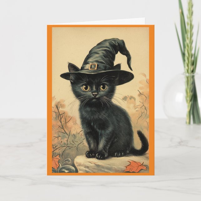 Cat In Witch Hat Greeting Card (Front)