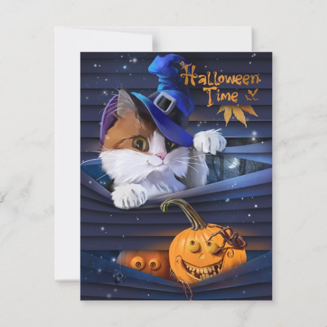 Cat in wizard hat and halloween pumpkin card (Front)
