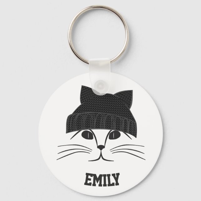Cat in Wool Hat Personalised Cute Key Ring (Front)